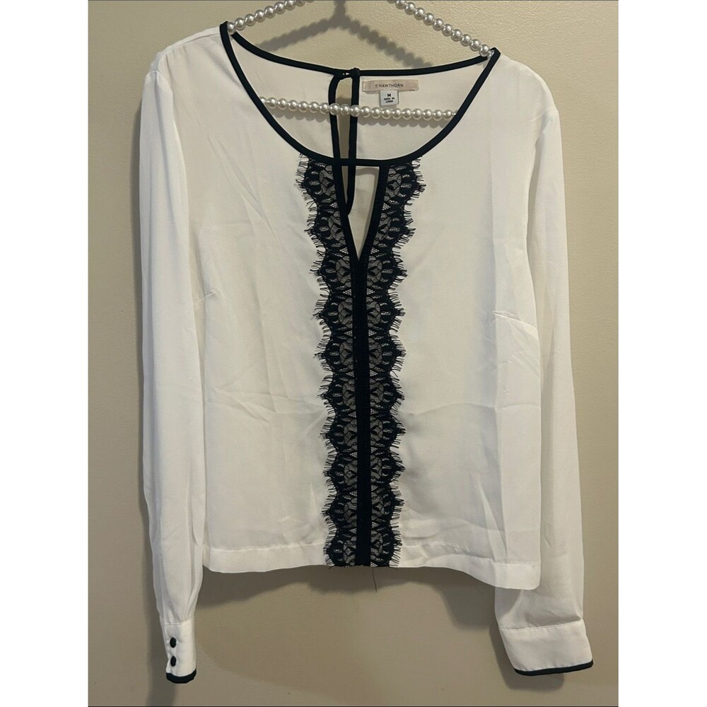 41 Hawthorn Black White Lace Trim Long Sleeve Blouse Top M